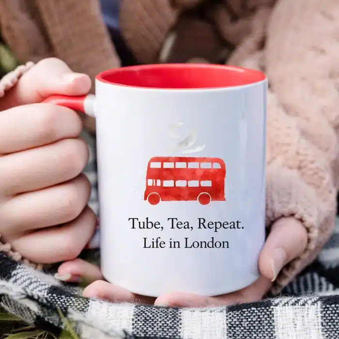 London Tea Mug – Watercolor Red Bus with Steam | Tube, Tea, Repeat