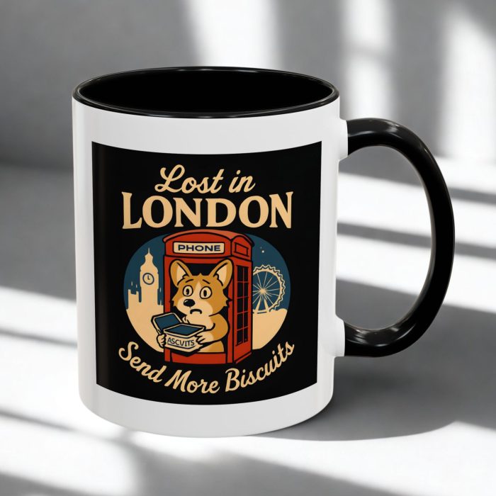 Lost in London – Send More Biscuits Funny Corgi Mug