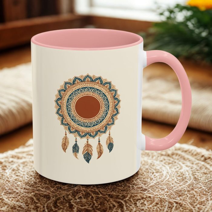 Boho Mandala Dreamcatcher Mug – Spiritual Coffee Cup with Feather Design