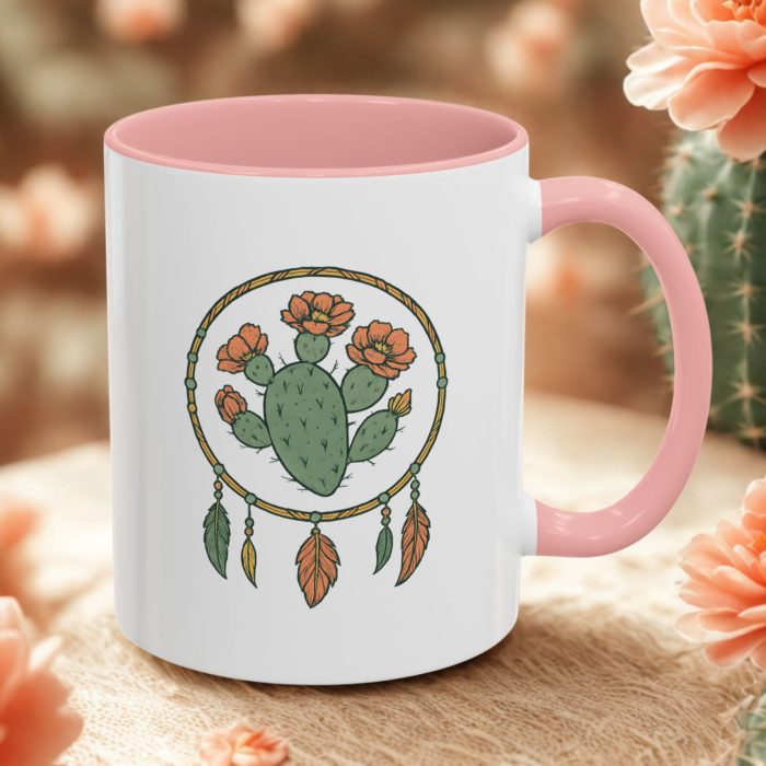 Boho Cactus Dreamcatcher Mug – Southwestern Coffee Cup with Floral Desert Design