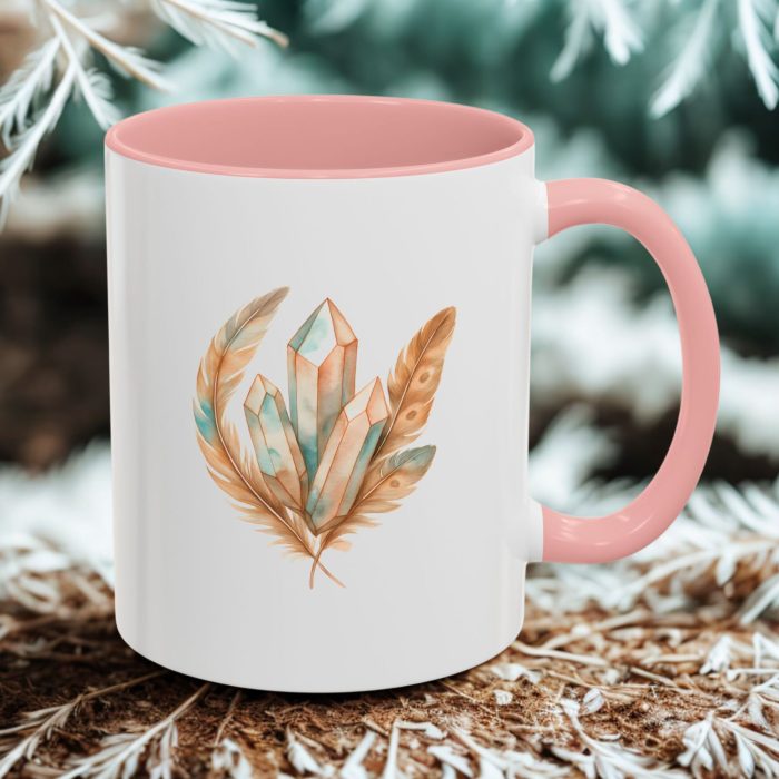 Boho Crystal Healing Mug – Spiritual Coffee Cup with Feathers & Crystals