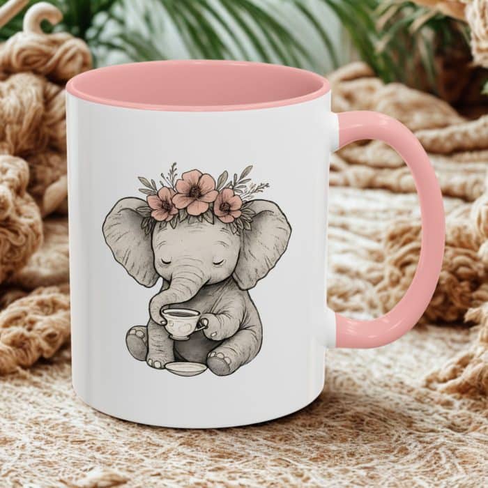 Boho Baby Elephant Mug – Floral Crown & Teacup Design