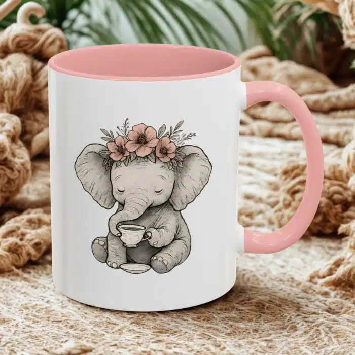 Boho Baby Elephant Mug – Floral Crown & Teacup Design