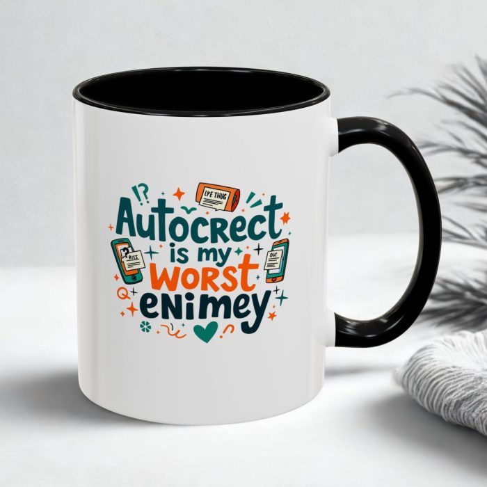 Funny Typo Mug | “Autocrect is My Worst Enimey” Mobile Text Fail Design | Mug Spot UK