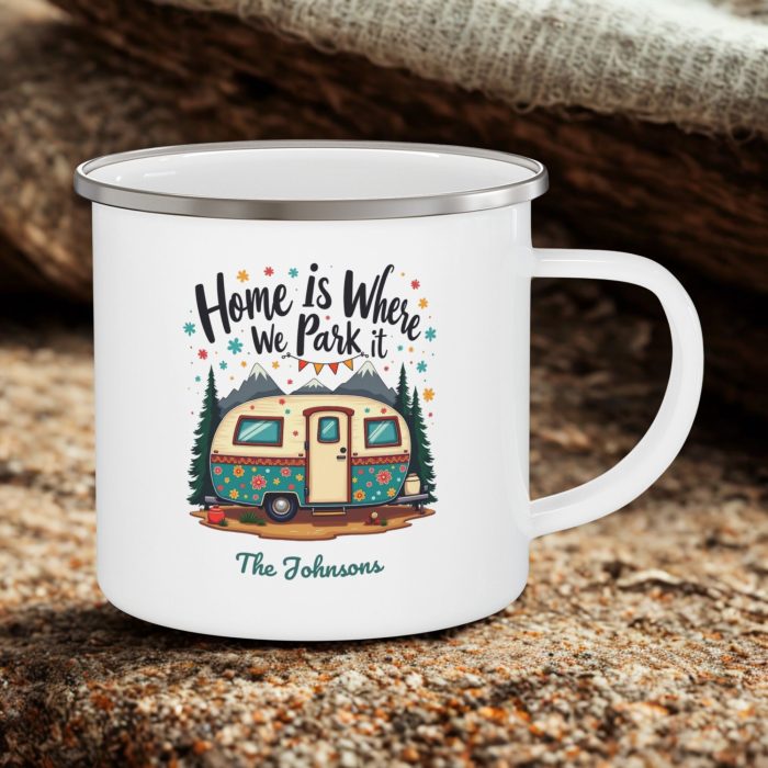 Home Is Where We Park It Enamel Camping Mug 12oz – Personalised Name Mug