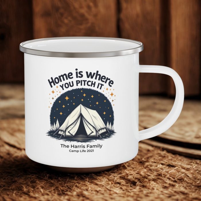 Home Is Where You Pitch It Enamel Camping Mug 12oz – Personalised Family Mug