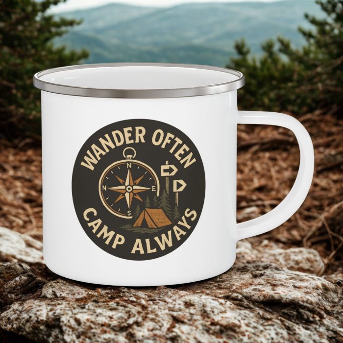 Camping Compass Enamel Camping Mug 12oz – Wander Often Camp Always Cup