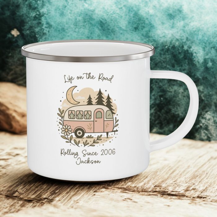 Life on the Road Enamel Camping Mug 12oz – Personalised Caravan Mug