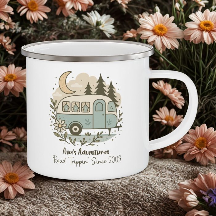 Road Trip Enamel Camping Mug 12oz – Personalised Caravan Mug