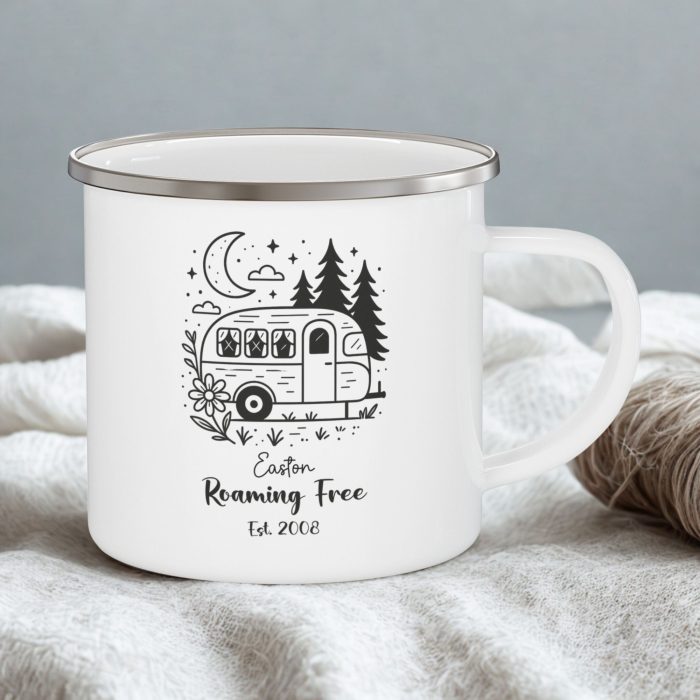 Roaming Free Enamel Camping Mug 12oz – Personalised Caravan Mug