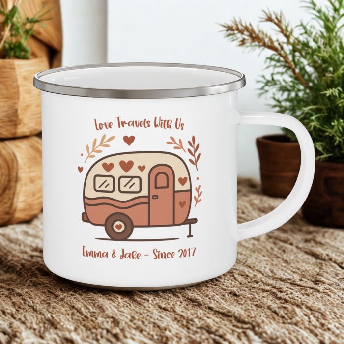 Couples Camping Enamel Mug 12oz – Personalised Caravan Gift Mug
