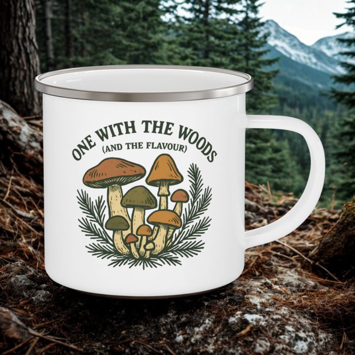 Woodland Foraging Mug 12oz – One With the Woods Enamel Camping Mug