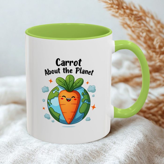 Eco Friendly Mugs | “Carrot About the Planet” Carrot & Earth Cartoon Design | Mug Spot UK