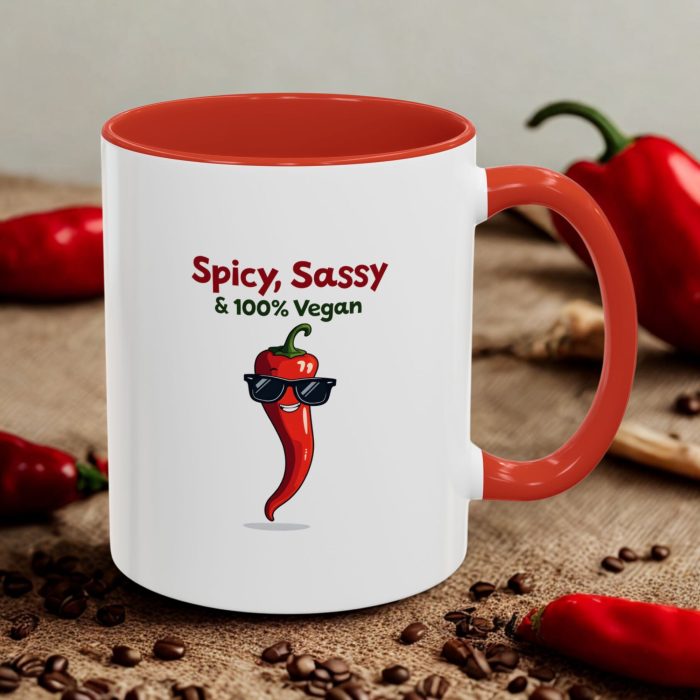 Funny Vegan Mug | “Spicy, Sassy & 100% Vegan” with Cool Chili Character | Mug Spot UK