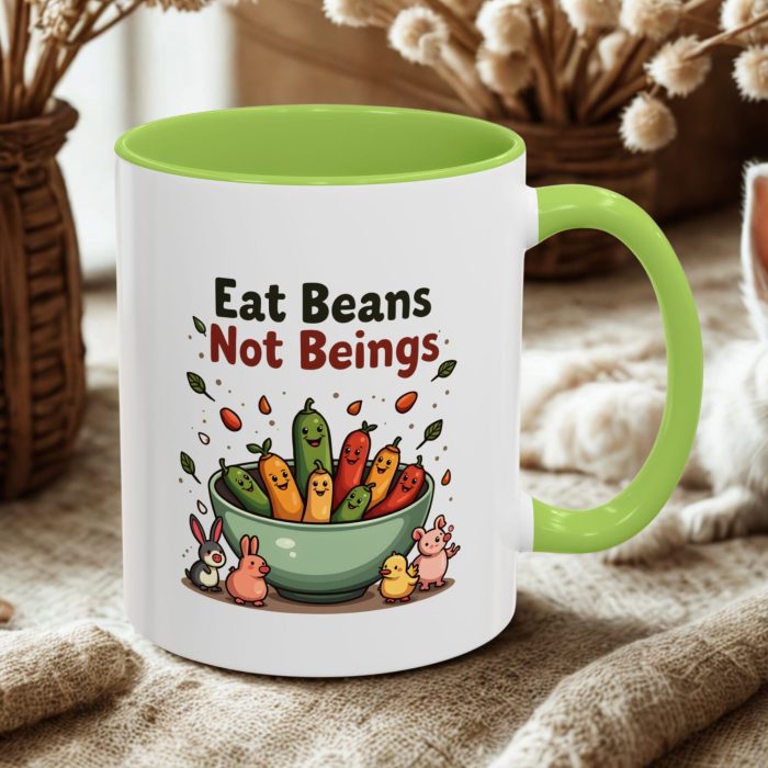 Vegan Mugs | “Eat Beans, Not Beings” Smiling Beans & Happy Animals Design | Mug Spot UK