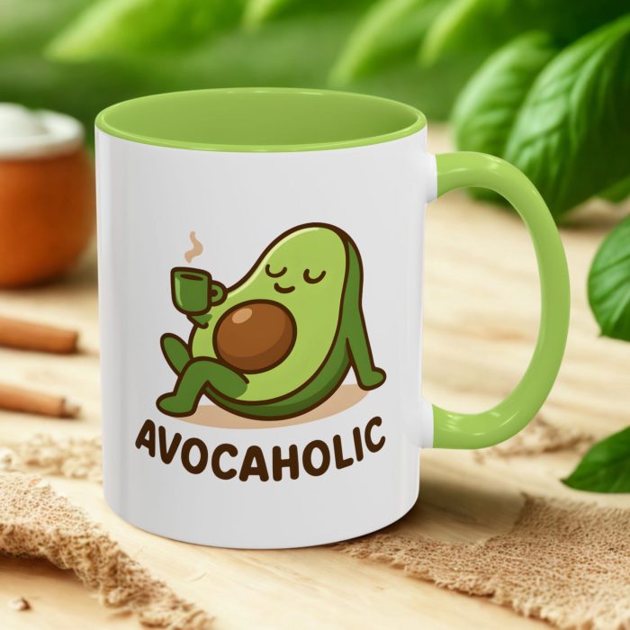 Avocado Cartoon Mug – “Avocaholic” Cute Relaxing Avocado Design