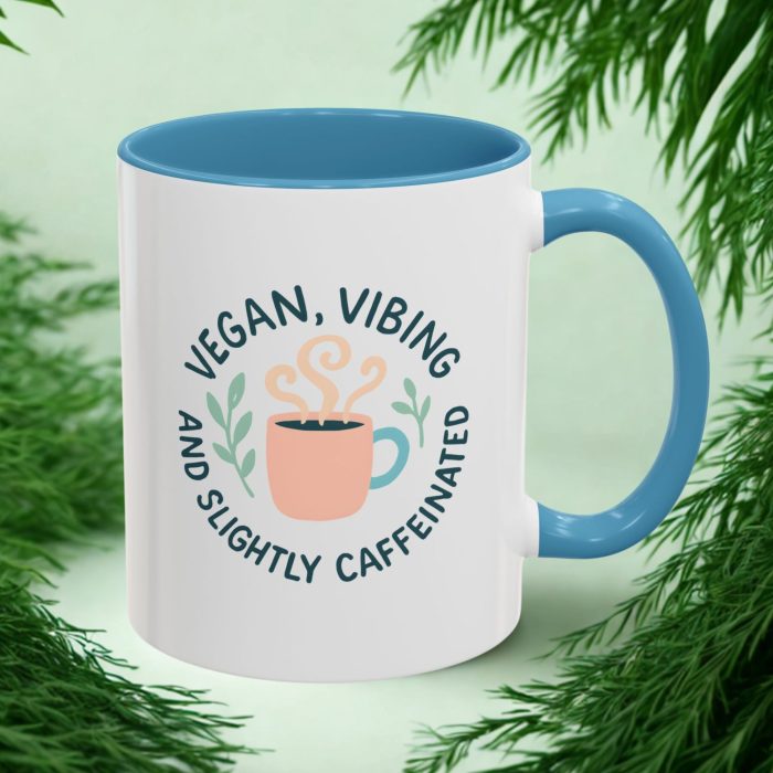 Vegan Caffeine Humour Mug – “Vegan, Vibing & Slightly Caffeinated” Coffee Mug