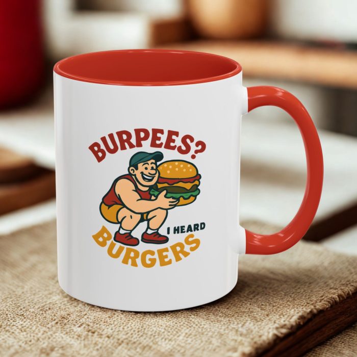 Burpees? I Heard Burgers – Cartoon Funny Gym Mug