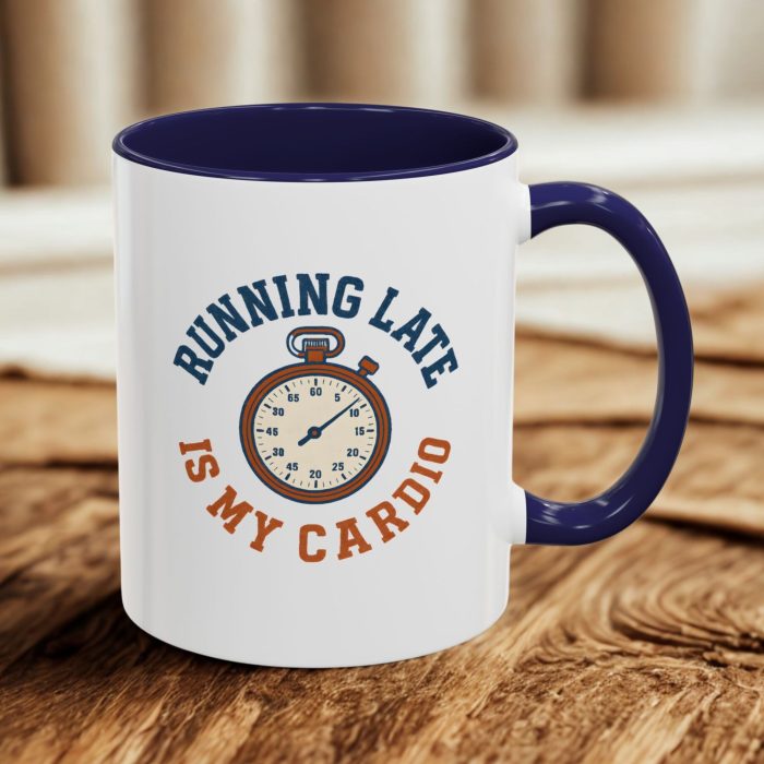 Running Late Is My Cardio – Light Blue Mug with Retro Stopwatch