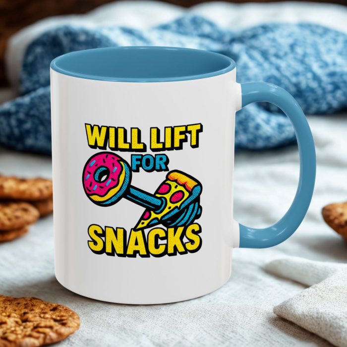 Will Lift for Snacks – Funny Fitness Mug with Donut & Pizza
