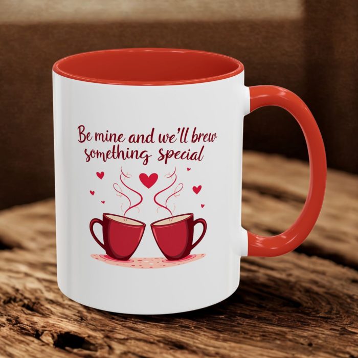 Valentine Coffee Mug for Couples | “Be Mine and We’ll Brew Something Special” Twin Hearts & Mugs Design | Mug Spot UK