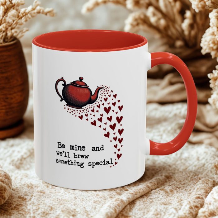 Valentine Tea Mug | “Be Mine and We’ll Brew Something Special” Teapot & Hearts Design | Mug Spot UK