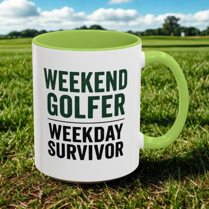 Weekend Golfer Weekday Survivor funny golf mug with bold text design UK