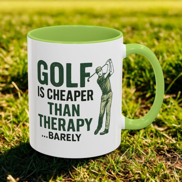 Golf is cheaper than therapy funny golf mug with golfer illustration UK