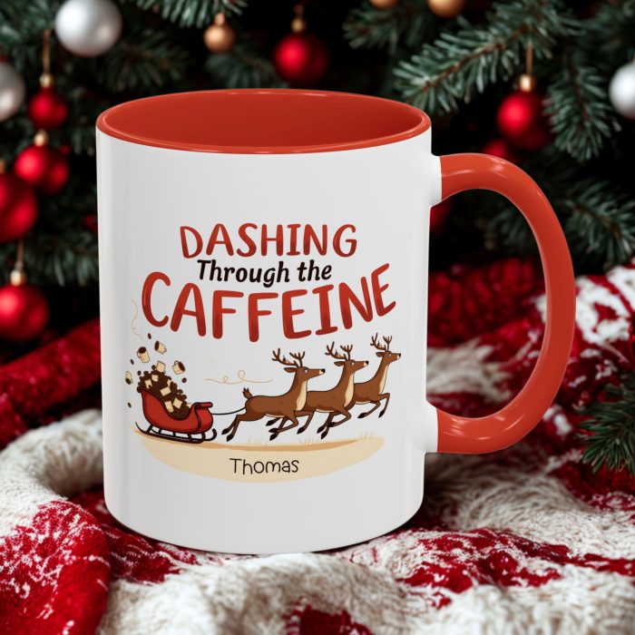 Christmas Caffeine Mug UK | “Dashing Through the Caffeine” Custom Name Design | Mug Spot UK