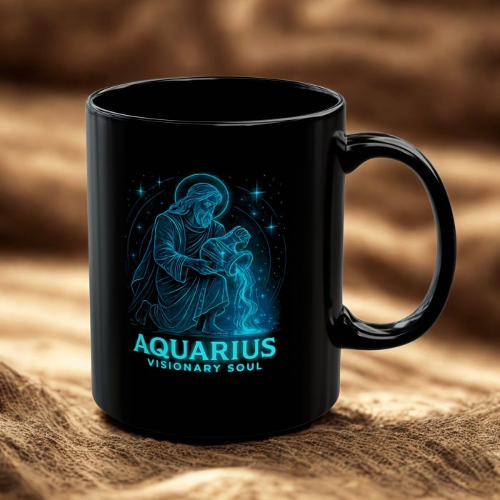 Aquarius Visionary Soul Black Ceramic Mug - Astrology Birthday Gift