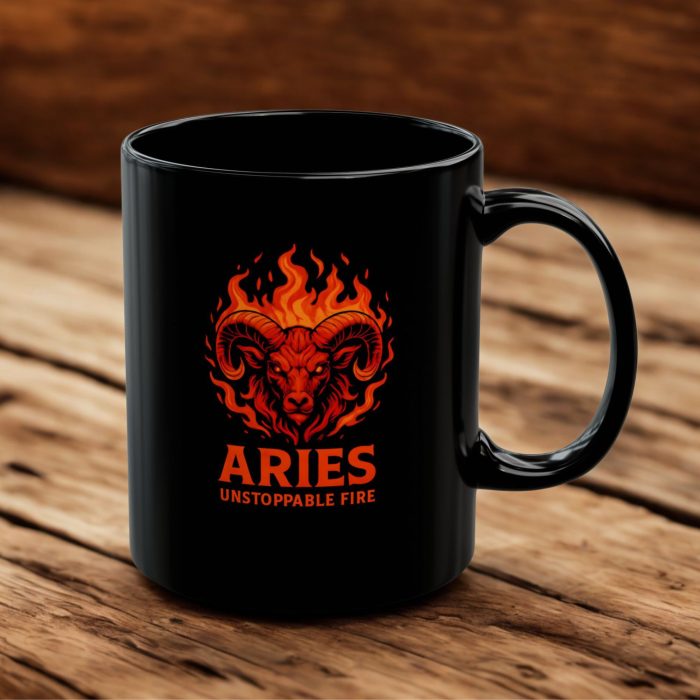 Aries Unstoppable Fire Black Ceramic Mug with fiery zodiac ram artwork from Mug Spot UK