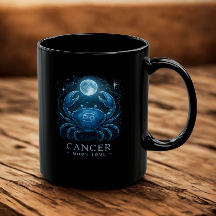 Cancer Moon Soul Black Ceramic Mug with glowing celestial crab artwork from Mug Spot UK