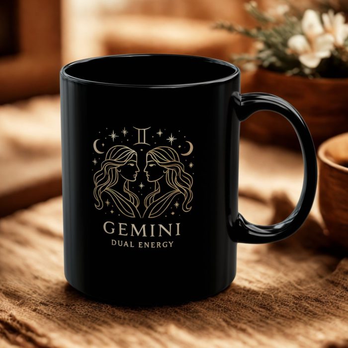 Gemini Dual Energy Black Ceramic Mug with celestial twin zodiac artwork from Mug Spot UK