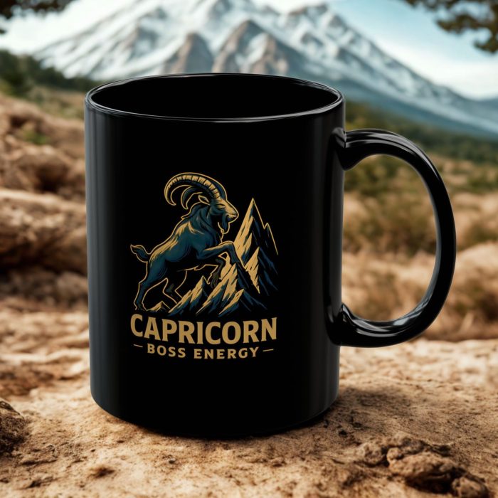 Capricorn Boss Energy Black Ceramic Mug with mountain goat zodiac artwork from Mug Spot UK