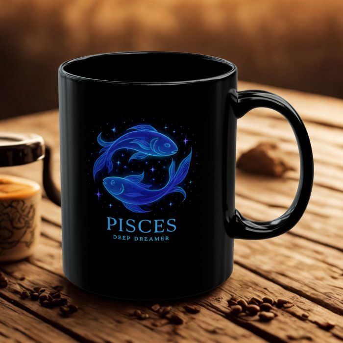 Pisces Deep Dreamer Black Ceramic Mug with glowing cosmic fish zodiac artwork from Mug Spot UK
