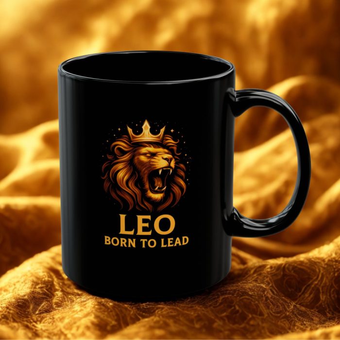 Leo Born To Lead Black Ceramic Mug with roaring lion zodiac artwork from Mug Spot UK