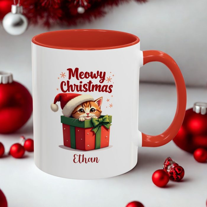personalised cat Christmas mug custom name ceramic accent colour mug from Mug Spot UK