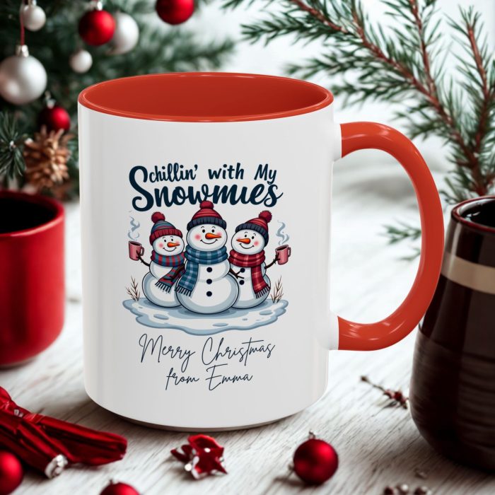 personalised snowman family Christmas mug custom name ceramic accent colour mug from Mug Spot UK