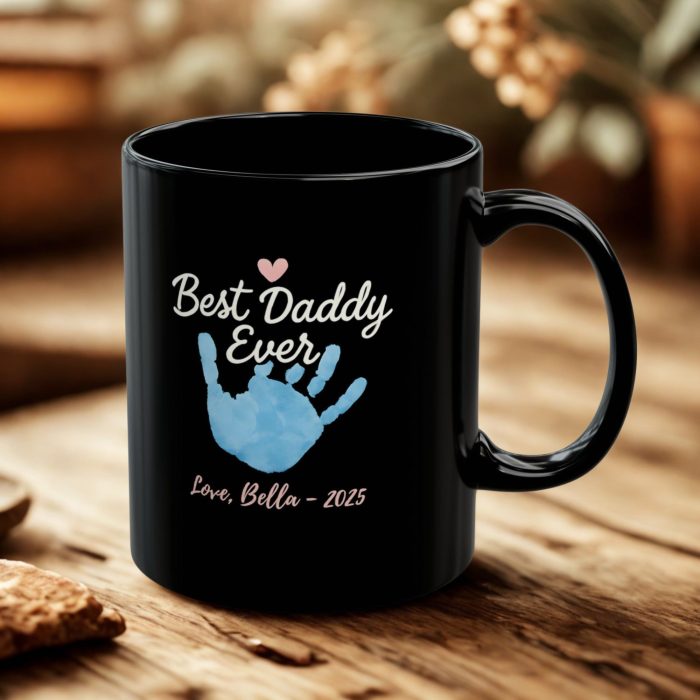 personalised best daddy ever black ceramic mug with custom child name and handprint design from Mug Spot UK