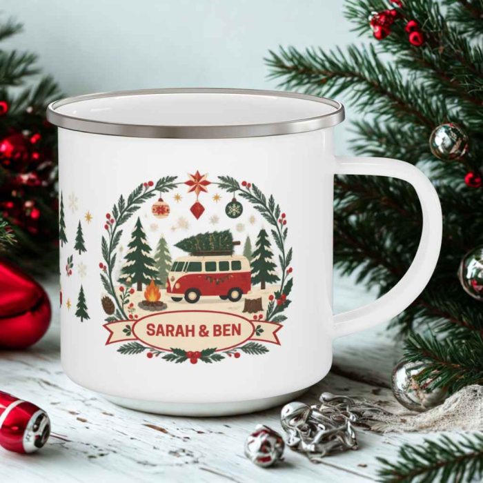 Personalised Campervan Christmas Enamel Camping Mug 12oz – Custom Text Gift