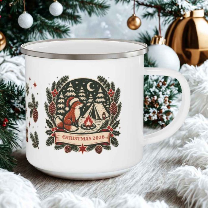 Personalised Fox Christmas Camping Mug with custom text, woodland tent and campfire