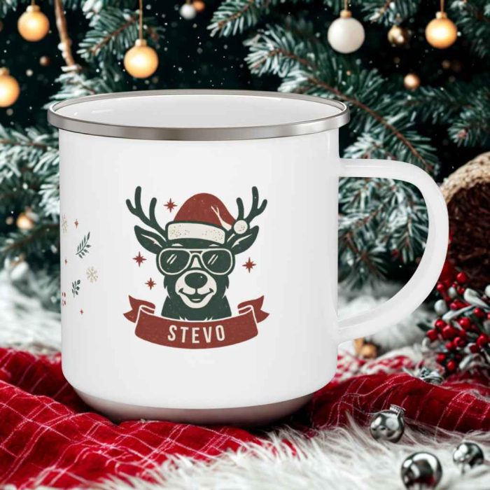 Personalised Reindeer Camping Mug with custom name, sunglasses and Santa hat