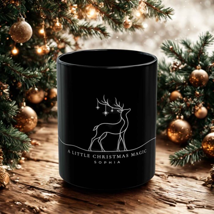 Personalised Christmas reindeer black mug with custom name and festive stars