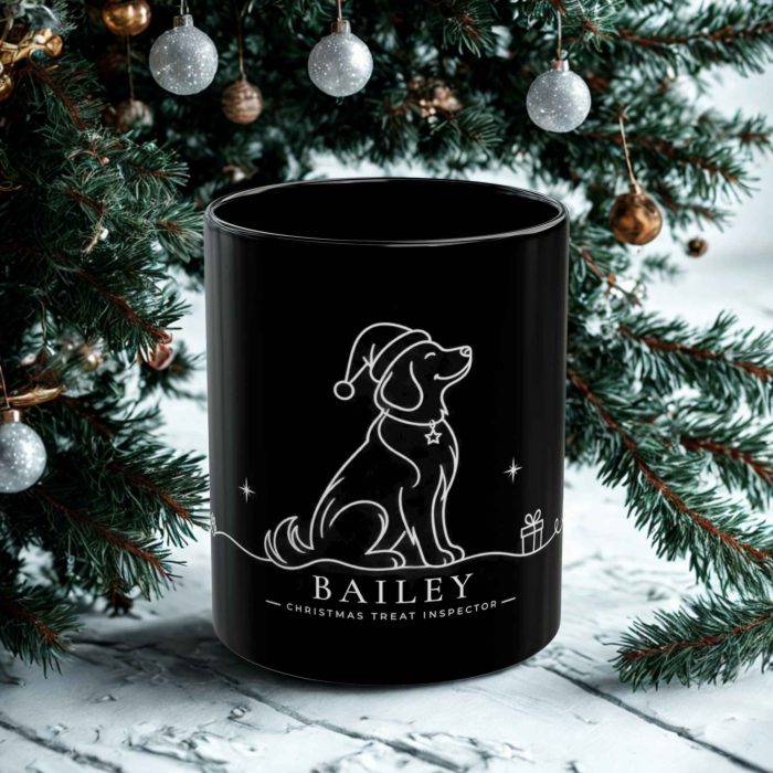 Personalised dog Christmas black mug with custom pet name and Treat Inspector design