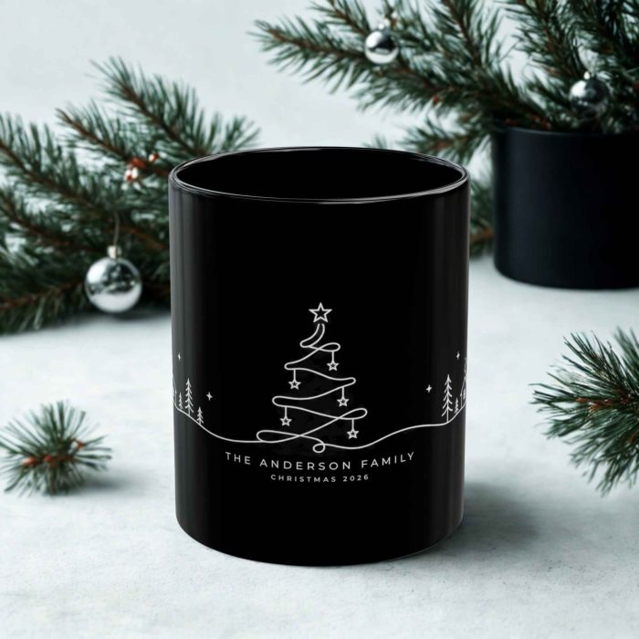 Personalised family Christmas black mug with custom surname and year