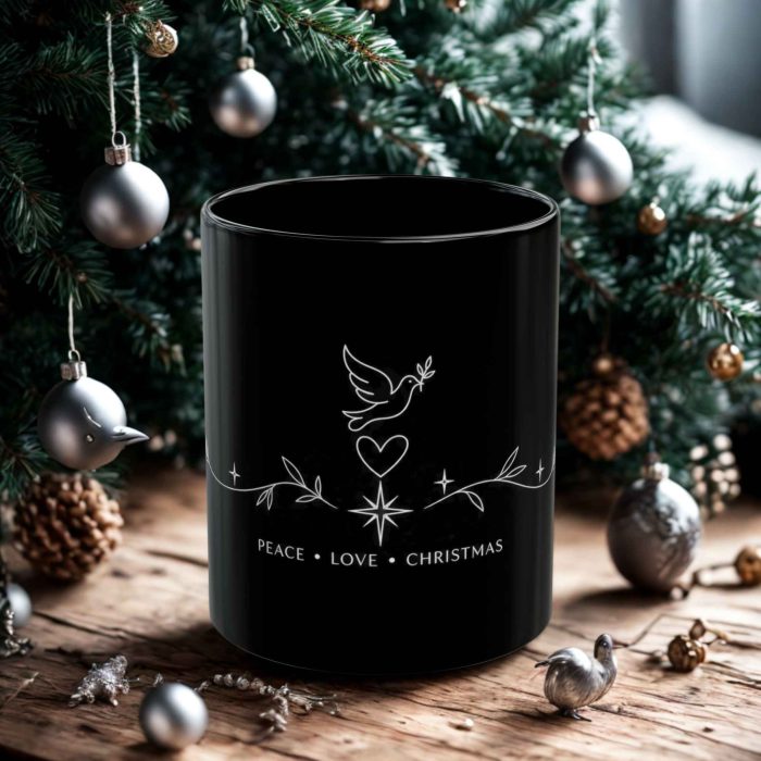 Peace Love Christmas black ceramic mug with dove heart and star design