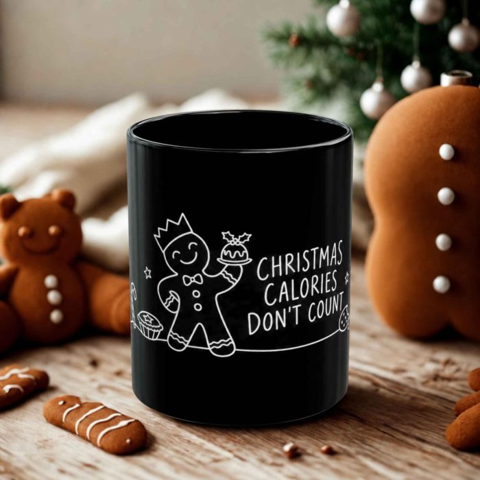 Christmas Calories Don’t Count black ceramic mug with gingerbread design