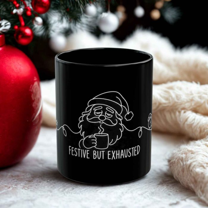 Festive But Exhausted black ceramic mug with tired Santa design