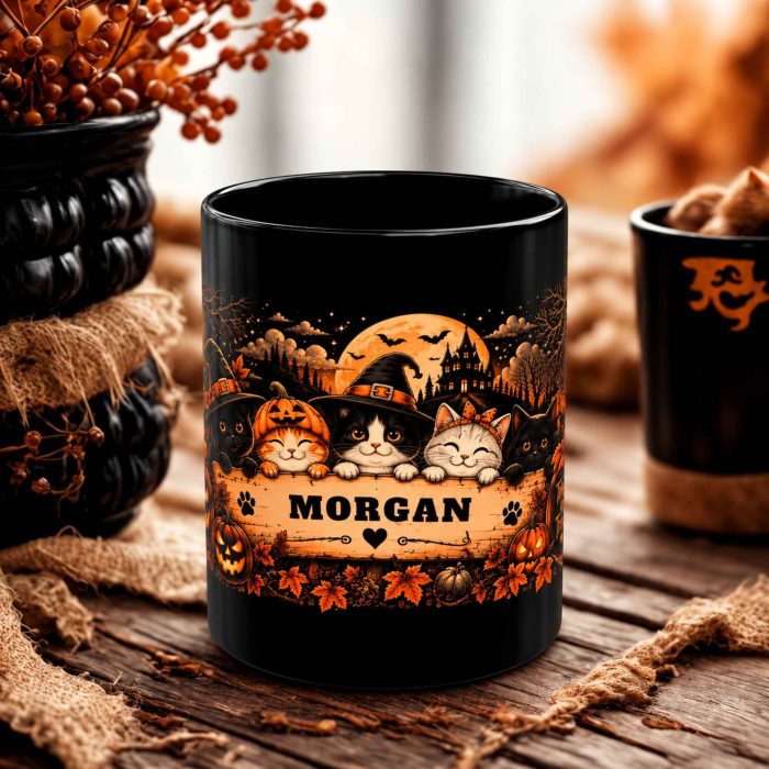 Personalised Halloween Cat Mug with custom name spooky cats witch hats and pumpkins