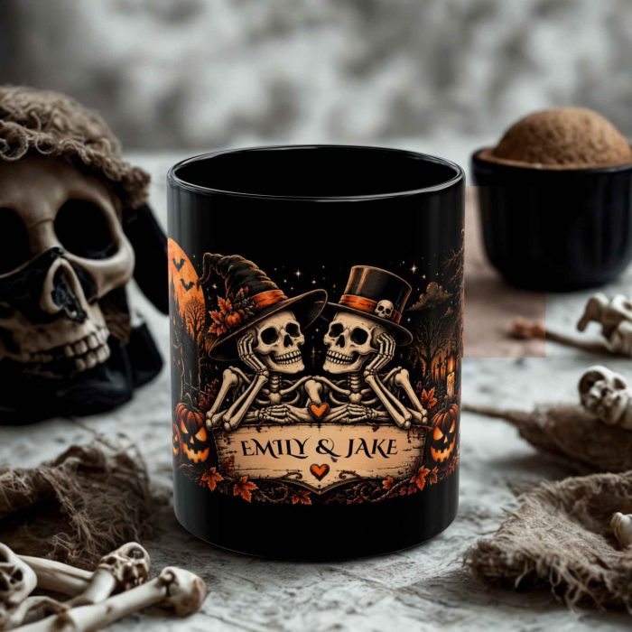 Personalised Skeleton Couple Mug with two custom names hearts and Halloween pumpkins